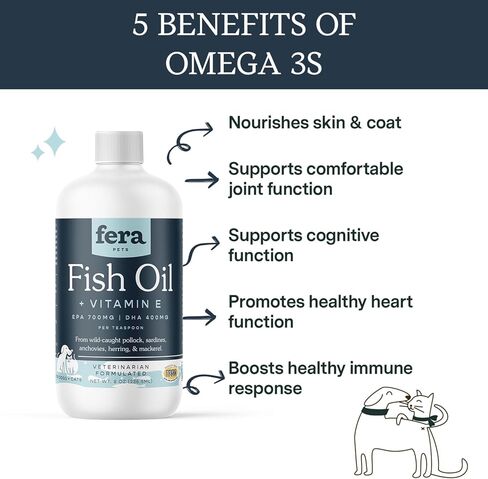 Fera Pet Organics Omega 3 Fish Oil with Vitamin E for Dogs & Cats, Vet Created Supplement to Boost Immune System, Support Brain Function, Nourish Skin and Coat of Pets, 8 Oz, 48 Servings in Kuwait