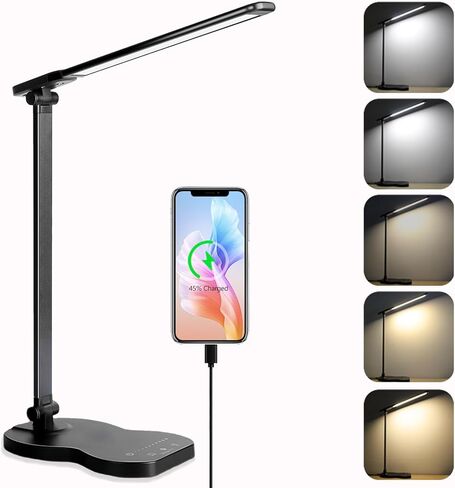 Led Desk Lamp with USB Charging Port, 5 Lighting Colors & 10 Brightness Reading Lamp, Foldable Dimmable LED Desk Light, 3000-6500K, Violin Shape Black Lamp Desk Lamps for Home Office in Saudi Arabia
