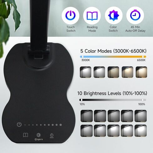 Led Desk Lamp with USB Charging Port, 5 Lighting Colors & 10 Brightness Reading Lamp, Foldable Dimmable LED Desk Light, 3000-6500K, Violin Shape Black Lamp Desk Lamps for Home Office in Saudi Arabia
