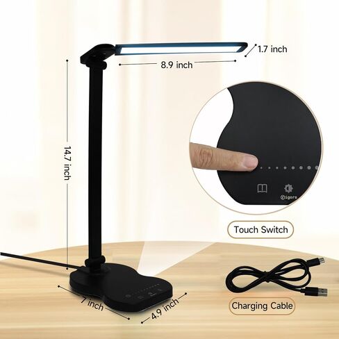 Led Desk Lamp with USB Charging Port, 5 Lighting Colors & 10 Brightness Reading Lamp, Foldable Dimmable LED Desk Light, 3000-6500K, Violin Shape Black Lamp Desk Lamps for Home Office in Saudi Arabia