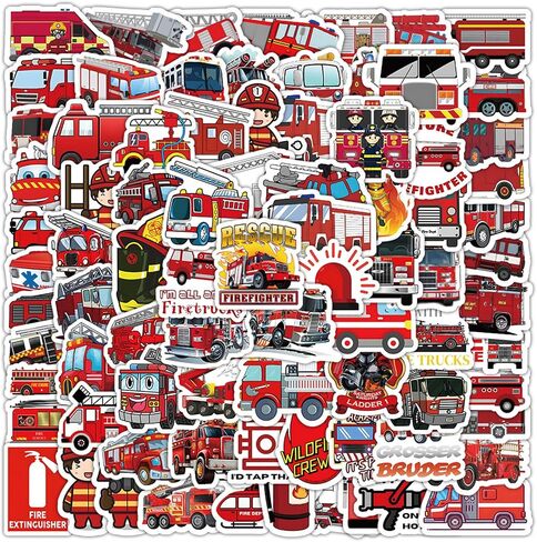 100 Pcs Cute Cartoon Fire Fighting Engine Vehicles Stickers Vinyl Fireman Decals Party Decor Water Bottle Laptop Refrigerator Skateboard Car Helmet Sticker(Fighting Engine) in Kuwait