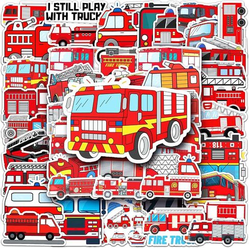 100 Pcs Cute Cartoon Fire Fighting Engine Vehicles Stickers Vinyl Fireman Decals Party Decor Water Bottle Laptop Refrigerator Skateboard Car Helmet Sticker(Fighting Engine) in Kuwait