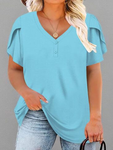 قمصان نسائية من DOLNINE بمقاس كبير وأكمام قصيرة بتلات صيفية كاجوال برقبة على شكل حرف V فضفاضة in Kuwait