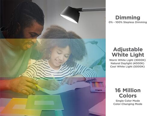 BLACK+DECKER Verve Designer Smart Desk Lamp, Works with Alexa Auto-Circadian Mode, True White LED + 16M RGB Colors, Qi Wireless Charger, Black/Gray, Certified for Humans in Saudi Arabia