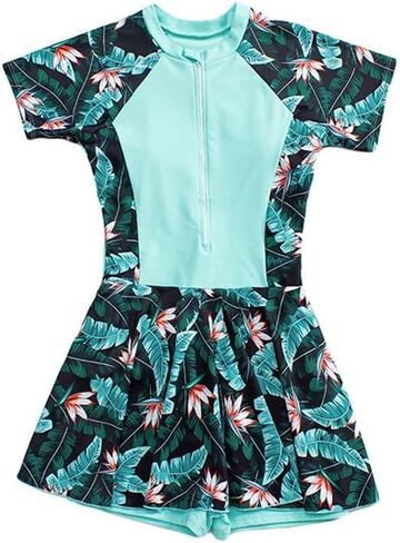 JadeRich Teen Girls One Piece Short Sleeve Swim Dress Rash Guard Bathing Suit Skirted Zip Front Swimwear in Kuwait