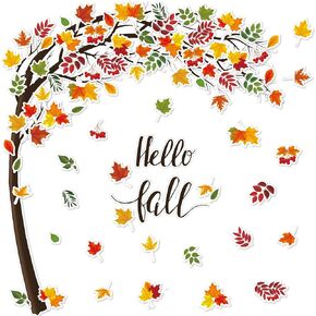 Happy Fall Big Tree Bulletin Board Set Autumn Tree Bulletin Board Decoration with Maple Leaves Pumpkins Cutouts for Classroom Home Chalkboard Wall Decoration