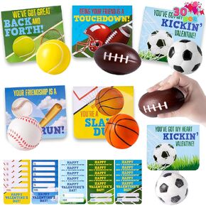 JOYIN 30 Packs Valentines Day Sport PU Balls with Gift Card, Mini Sports Ball Squeeze Foam for Classroom Exchange Gift for Kids, Holiday Party Favor Toys, Reward Prizes, Stress and Anxiety Relief