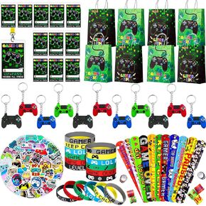 Gamer Themed Guests Gifts, 110pcs Video Game Birthday Party Favors Set Including Game Slap Bracelets Keychains Bags Wristband Vip Pass Tickets etc Video Game Theme Party Favors for Boys Kids