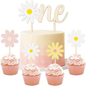 Strawberry Wooden Cake Toppers - 5pcs Strawberry Wooden ONE Painted Colorful Cute Strawberry Daisy Cupcake Topper Dessert Decors Kids One Year Old First Birthday Baby Shower Party Supplies