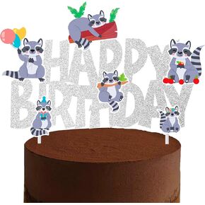 Raccoon Birthday Cake Topper Raccoon Birthday Cake Decoration Silver Glitter Raccoon Happy Birthday Cake Decor for Woodland Animal Theme Baby Shower Supplies