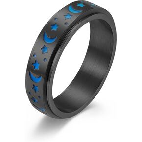 Stainless Steel Spinner Ring, Moon Star Rotatable Luminous Ring Fidget Rings Halloween Glowing Star Ring Engagement Wedding Promise Ring for Women Men Size 7-11