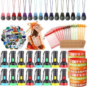 Fumete 130 Pcs Camping Party Favors Happy Camper Party with Silicone Bracelets, Mini Compass, Mini Flashlight Keychains, Stickers, Bag and Tag Adventure Friend Birthday (Fashion Style)