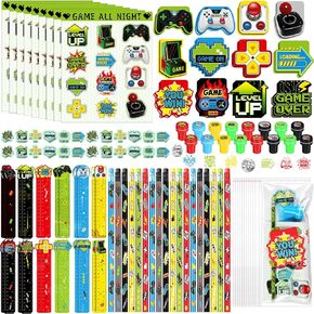 Cholemy 168 Pcs Video Game Party Favors Include Gaming Mini Notebook Gamer Birthday Sticker Pencil Stamper Ruler Eraser for Boy Teen Game Gifts Classroom Rewards Favor Party Supplies Decor