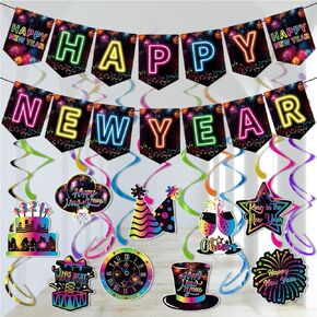 2025 Happy New Year Decor - Neon Themed Happy New Year Banner Hanging Swirls Decorations Glow 2025 New Years Eve Party Supplies