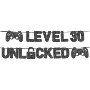 Pre-Strung Level 30 Unlocked Banner - NO DIY - 30th Birthday Banner - Happy 30th Birthday Banner - Black Glitter