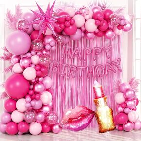 Hot Pink Birthday Decorations with Hot Pink Light Pink Confetti Balloons Happy Birthday Foil Balloons Fringe Curtains for Hot Pink Happy Birthday Decorations for Women Adults