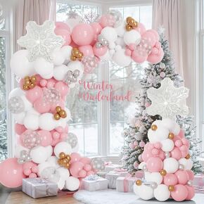 Pink And White Winter Wonderland Princess Balloon Arch 137pcs Snowflake Balloons for Pink Winter Onederland First Birthday Pink Christmas Girl Baby Shower Party Coquette Decorations