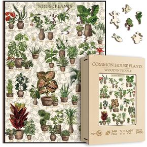 Vintage Houseplant Wooden Puzzle 340 Pieces for Adult, Botany Succulent House Plant Wood Puzzle, 39 Common Indoor Plants Jigsaw Puzzles, 15.7 * 11.2 in