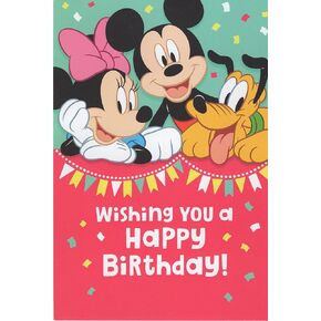 Mickey Mouse, Minnie Mouse, Goofy Happy Birthday Card - Wishing You a Happy Birthday! It's Time for Fun! Your Birthday's Here! Hope Your Smile Goes Ear to Ear!