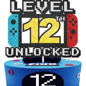 Level 12th Unlocked Cake Topper - Level 12th game Sign Theme Party Decorations 12th Birthday Level Up Cake Decorations for Video Game Themed Kids Boy Girl Party Supplies