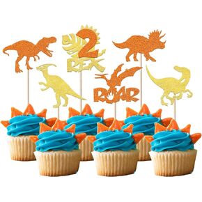 Rsstarxi 1 Pack Dinosaur Two Rex Birthday Cake Topper Glitter Dinosaur T-Rex 2nd Birthday Cake Pick Two Year Olds Dinosaur Theme Cake Decoration for Baby Shower Second Birthday Party Decor Green