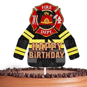 Red Glitter Fireman's Uniform Cake Topper Cheer to Fire Truck Fire Fighting Theme Decor Supplies Men Women Kids Happy Birthday Wedding Anniversary Party Decorations