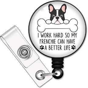 RZHV I Work Hard So My Frenchie Can Have Retractable Badge Reel with Alligator Clip, Funny French Bulldog ID Card Badge Holder Gift for Nurses Doctors Office Worker Community Worker Dog Lovers
