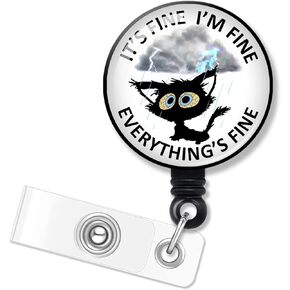 ERHACHAIJIA It's Fine I'm Fine Everything is Fine Retractable Badge Holder with Alligator Clip for Nurse Doctor Teacher Office Worker Social Worker Cat Lover, Funny Black Cat ID Card Badge Reel Gift