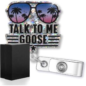 Talk to Me Goose Funny Sunglasses Glitter Badge Reel with ID Clip, Retractable Badge Holder for Nurses Doctors Medical Assistant Navy Patriot, Maverick Movie Lovers Gift, Independence Day
