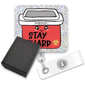 AGMDESIGN Stay Sharp Funny Badge Reel, Cute Container Nurse ID Badge Reel Retractable, Gift for Phlebotomist PICC Nurse Doctor Healthcare Worker RN MA