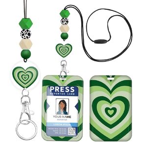Teacher Lanyard for ID Badge Card, Cute Green Heart Men Women Beaded Breakaway Neck Lanyards Name Tag Badges Holder Aesthetic Work Keys Accessories
