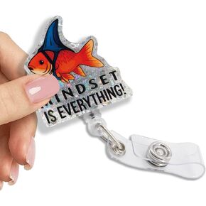 Mindset is Everything Glitter Retractable Reel ID Card Clip, Funny Goldfish Badge Reel Gifts for Doctor Nurse Office Worker, Birthday Motivational Uplifting Self-Improvement Positive Gifts