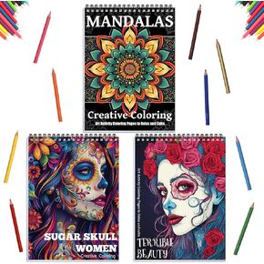 3Pcs Coloring Books for Adults Relaxation Coloring Book for Women Spiral Bound Printed On One Side(Mandala & Sugar Skull Women & Terrible Beauty)