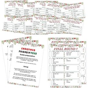 Tuyashua Christmas Friendly Feud Game, Family Game Night, Christmas Trivia, Family Friendly Quiz, Christmas Party Game for Family Activity - 12 Question Cards and 3 Quick Fire Final Rounds Cards (03)