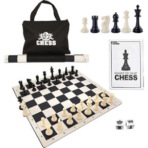 WE Games Best Value Tournament Chess Set - Includes 34 Chess Pieces, Roll Up Vinyl Chess Board, Chess Pieces, Chess Bag and Equalizer Dice, Travel Chess Sets for Adults