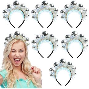 Christmas Decoration Silver Disco Headband New Years Decorations Disco Ball Headband Vintage Costume Headpiece, 70s Headbands for Women, Party Accessories 2025 New Years Eve (6 Pcs)