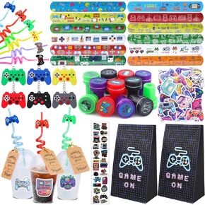 196Pcs Video Game Party Favors, Video Themed Birthday Party Supplies for Kids Video Keychian Stamper Slap Bracelet Bags Tattoo Sticker Video Game Goodies Bag Fillers