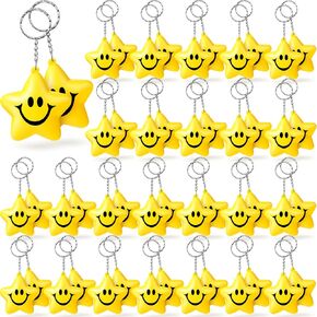 Macarrie 48 Pcs Star Stress Ball Keychains Bulk, Smile Face Keychain Mini Star Stress Ball for Kids Classroom Exchange Gifts Adults School Carnival Classroom Student Rewards Party Bag Fillers