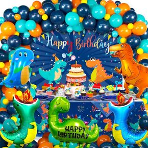 140 PCS Dinosaur Birthday Party Decorations, Blue Dinosaur Party Decorations for Boys Includes Dinosaur Balloons, Customized Backdrop, Tablecloth for Dinosaur Baby Shower Decorations