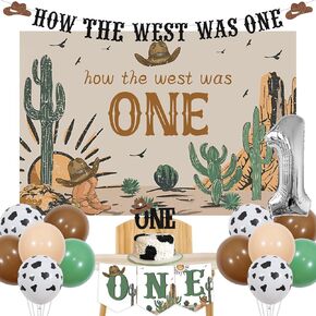 How The West Was One Year Old Party Decorations, Western First Birthday Decorations, Cow Print Green Brown Balloons Backdrop High Chair Banner Cake Topper Number 1 Cowboy 1st First Rodeo