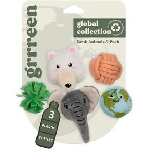 Global Collection Cat Toys | Earth Animals Mixed Bundle | Value 5-Pack for Indoor Cats | Cute Interactive Plush Toys | Eco-Friendly & 100% Recycled Materials
