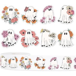 1000Pcs Halloween Stickers 8 Designs Floral Ghost Decals Cute Adhesive Sealing Labels for Grocery Baking Bag Party Favor Supplies