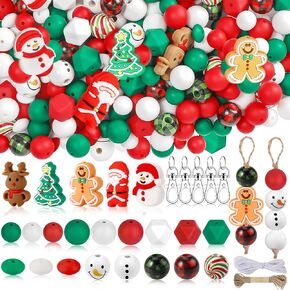 CZWZ 164pcs Christmas Silicone Beads for Keychain Making Kit 15mm 12mm Round 14mm Polygonal Silicone Loose Beads Bulk for Pens Bracelet Necklace Crafts Making-Christmas