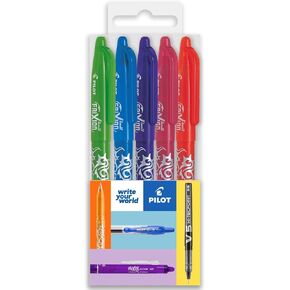 Pilot Frixion Heat/Friction Erasable Rollerball Pen FR7 - Medium Line 0.7mm Tip Nib - Floral Wallet Pack of 5 - Lime Green, Light Blue, Violet, Pink & Orange