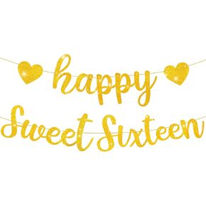 Pre-Strung Gold Sweet 16 Birthday Decorations - Glitter Banner, Happy 16 Years Old Decor Supplies & Photo Backdrop