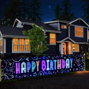 118 x 20 Inch Neon Happy Birthday Banner Glow Party Backdrop Hanging Flag with Ribbon Large Happy Birthday Yard Signs for Indoor Outdoor Neon Party Decorations Glow in The Dark Party Supplies