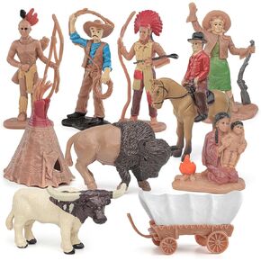 Westside Cowboy Figures Playsets 10PCS Indian Chief,Cowboy, Tent,Covered Wagon Desktop Decoration Collection Party Favors Toys for Boys Girls Kids