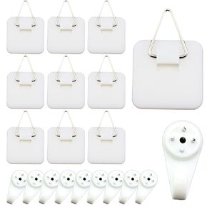 10PCS Square Plastic Hooks with Adhesive Backing Self Adhesive Picture Hanger Wall Mounted Plate Hooks Invisible Plate Hanger Wall Self Adhesive Hooks for Display on Wall White