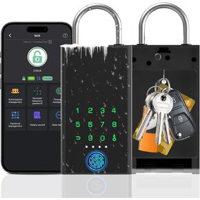 Smart Key Lock Box with Code, Large Fingerprint Lock Box with APP Control, Electronic Digital Weatherproof Security Hide Key Lock Box Wall Mount & Door Hanging for Outdoor Realtor Airbn