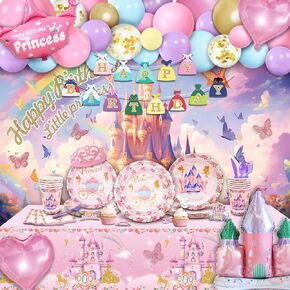 Party Spot! 208 PCS Princess Birthday Party Decorations For Girl, 12 Tableware Sets, Castle Balloons, Balloon Arch, Disposable Paper Plates, Backdrop, Balloon Pump, Princess Party Decorations